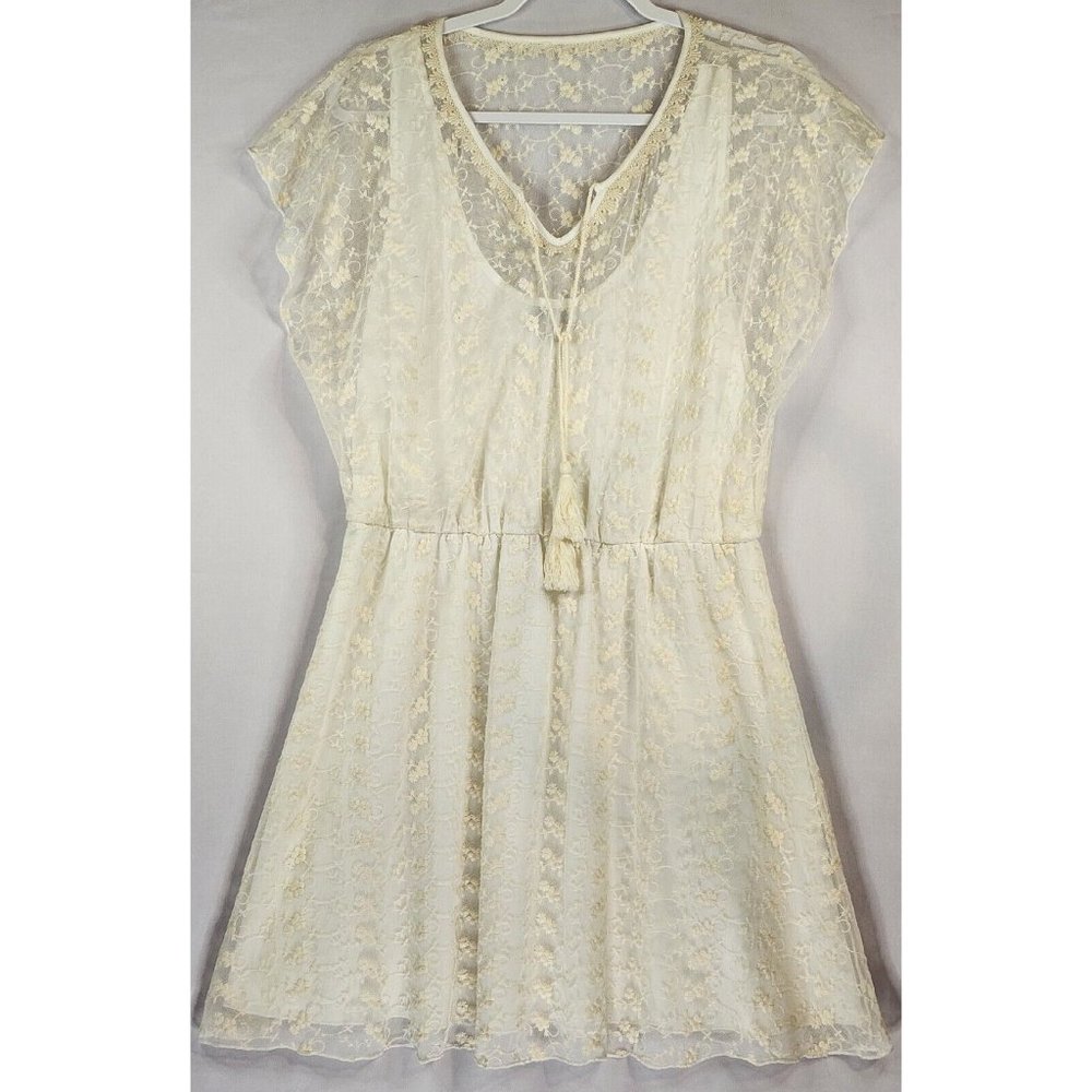 Sequin Hearts Dress Womens Large Ivory V Neck Flutter Sleeve Tasseled Mini Dress